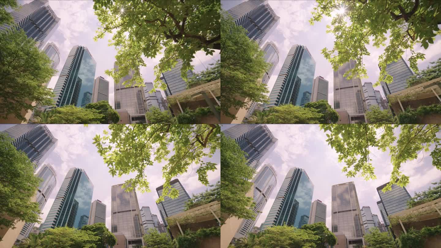 有树木的公司大楼的摩天大楼。