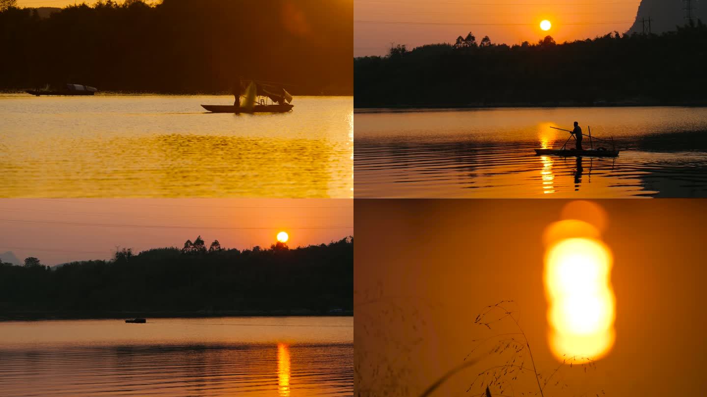 夕阳渔民渔船