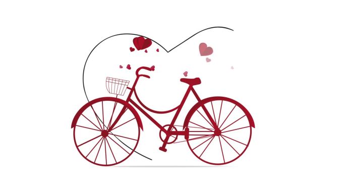 自行车的动画。红色的自行车从右向左出口，爱心从车筐里飞出来。动画画的爱箭穿心孤立的白色背景。