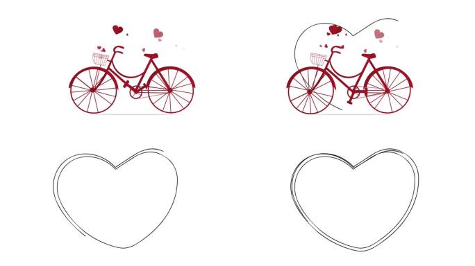 自行车的动画。红色的自行车从右向左出口，爱心从车筐里飞出来。动画画的爱箭穿心孤立的白色背景。