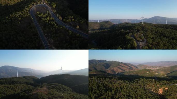 高山风车马路大自然风景航拍4K