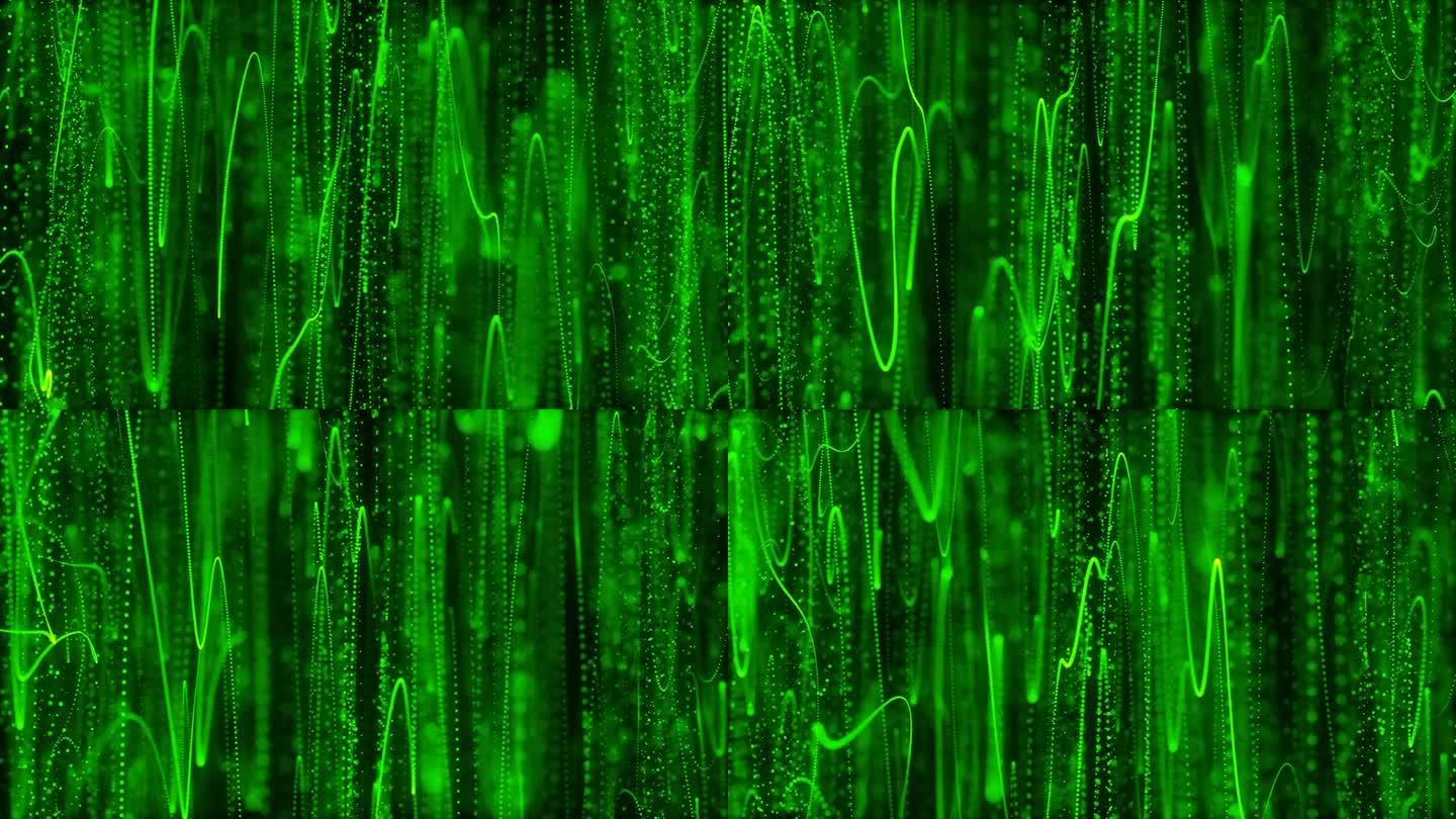 抽象绿色圆点粒子上下波动运动的背景。