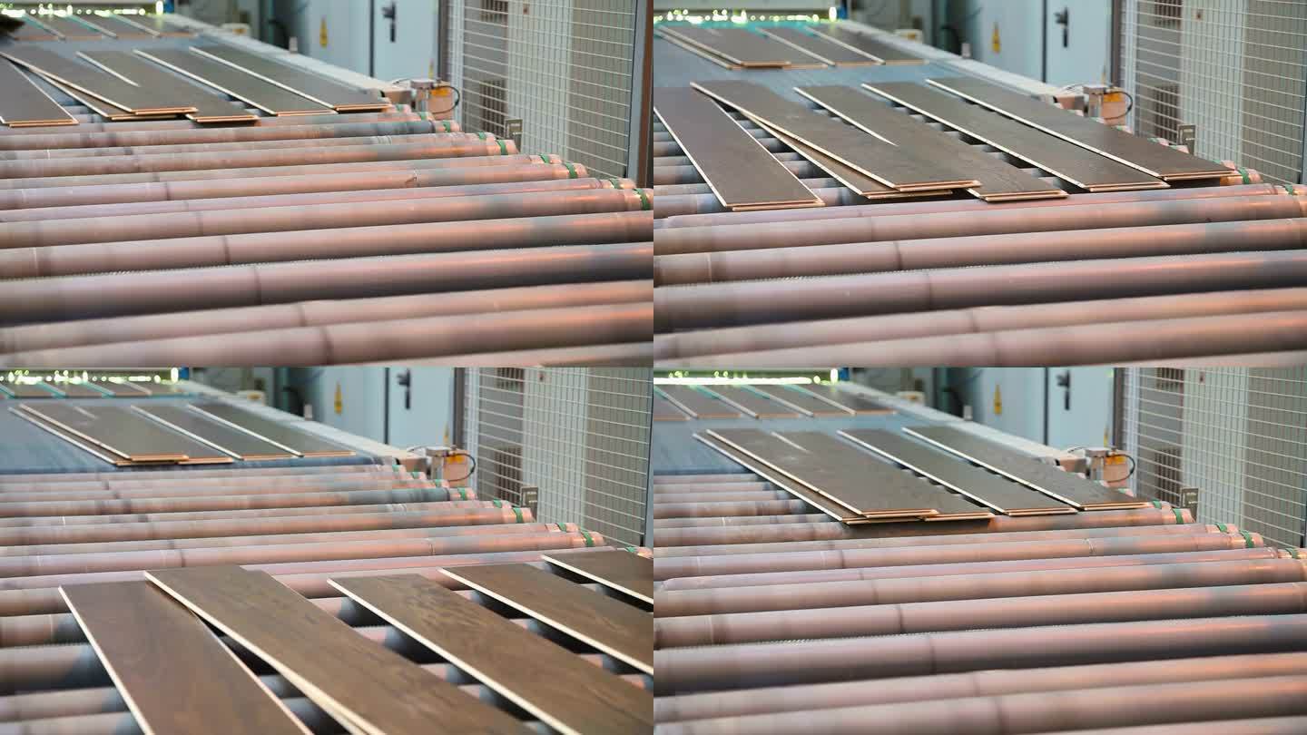 工厂主要生产硬木地板和强化地板。带拼花板的输送机。成品强化地板仓库。