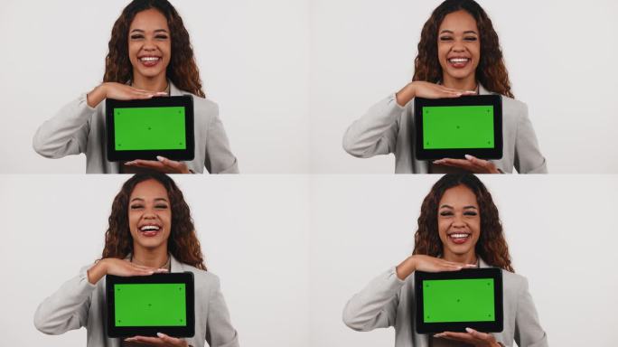 绿色屏幕，微笑和女人的脸与平板电脑在工作室与社交媒体，新闻或指南在白色背景。数码，空间和肖像女士模特