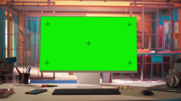 站在舒适的家庭办公室的桌子上，缩小现代个人电脑显示器上的色度键绿色屏幕显示。客厅由室内设计师设计，具