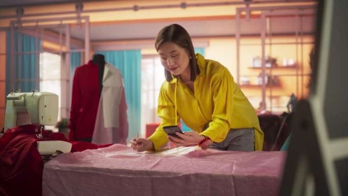 富有创造力的亚洲女性用智能手机为她的时尚项目做笔记的肖像。年轻的女设计师正在为时尚商店电子商务设计她