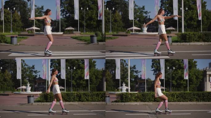 在一个阳光明媚的日子里，一个戴着眼镜的年轻女子穿着溜冰鞋，在城市公园的背景下优雅地跳舞。缓慢的运动。