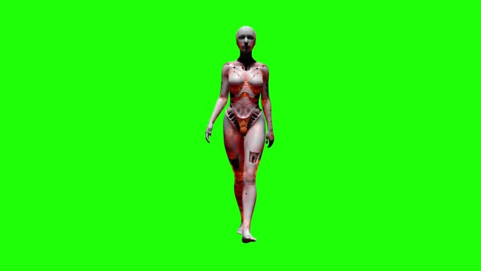 绿色背景上行走的网络女人的3D动画渲染。4 k 30帧