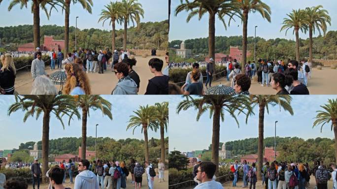 游客在欧洲西班牙巴塞罗那参观安东尼·高迪设计的gell公园。