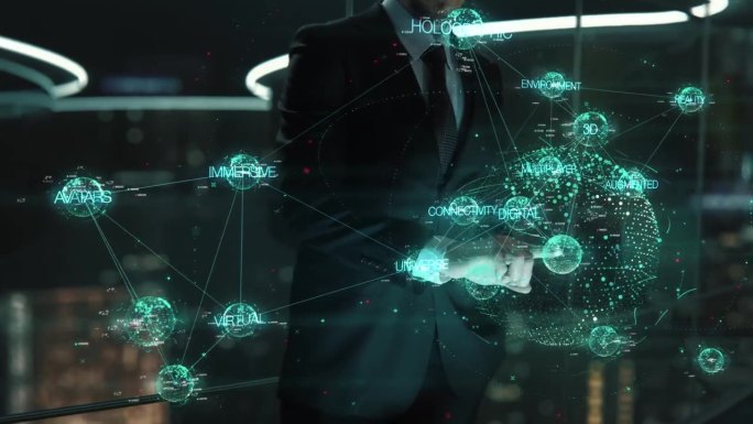 虚拟现实游戏-商人工作与虚拟现实在办公室。