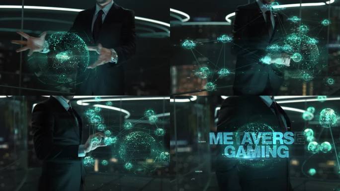 虚拟现实游戏-商人工作与虚拟现实在办公室。