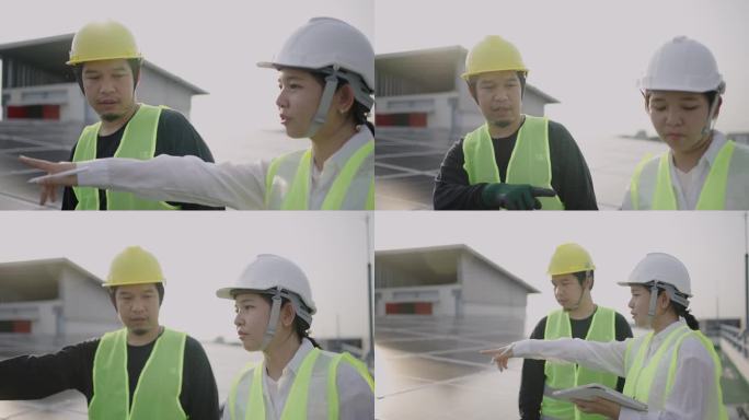 一名男技术人员和一名女工程师制服检查屋顶光伏太阳能板的运行和效率性能的4K视频片段。