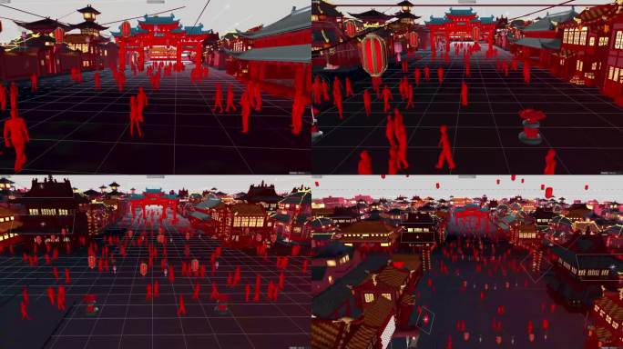 春节牌楼灯笼喜庆古城人群C4D模型