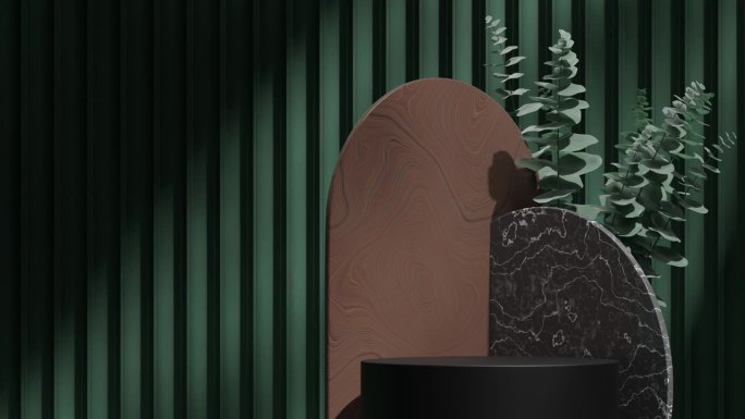 木拱门，大理石形状，和树叶在三维视频渲染的空白空间黑色圆柱体平台循环无缝阴影动画