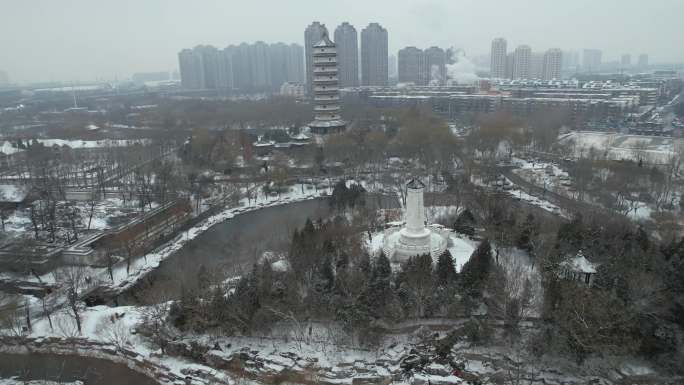 4K天津北宁公园雪景航拍素材