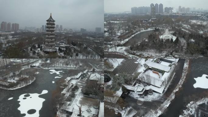 4K天津北宁公园雪景航拍素材