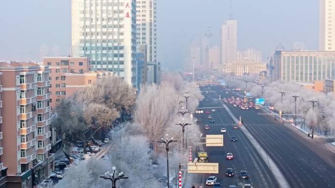 中国黑龙江哈尔滨城区雾凇雪景航拍合集