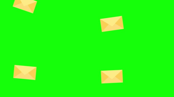 在绿色背景上孤立的折叠信封模型。一个黄色的信封出现在屏幕的顶部，在中间旋转，然后落下。邮件图标。电子