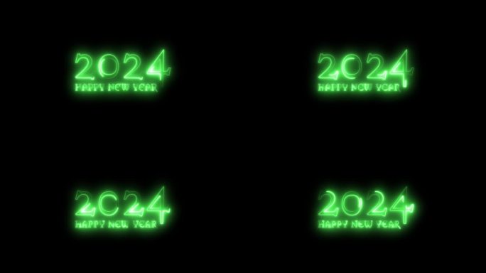 在透明的背景上，发光的绿色数字2024和新年快乐的文字出现了。动画新年祝福与阿尔法频道。