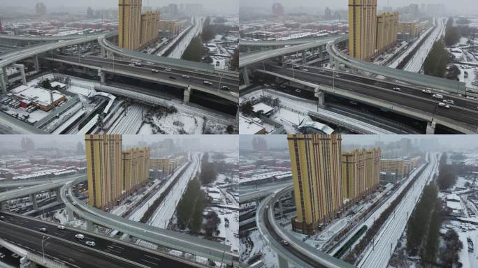 城市街道雪景航拍