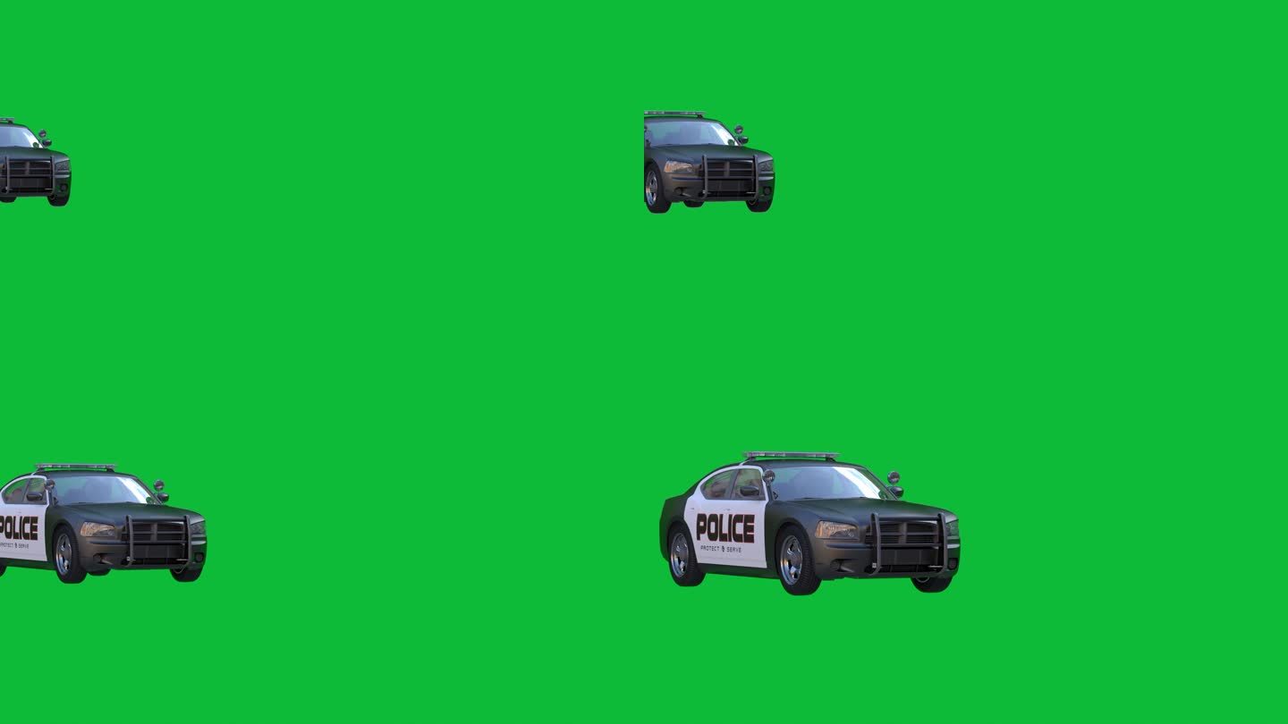 警车在绿幕背景下移动，侧面特写，4K