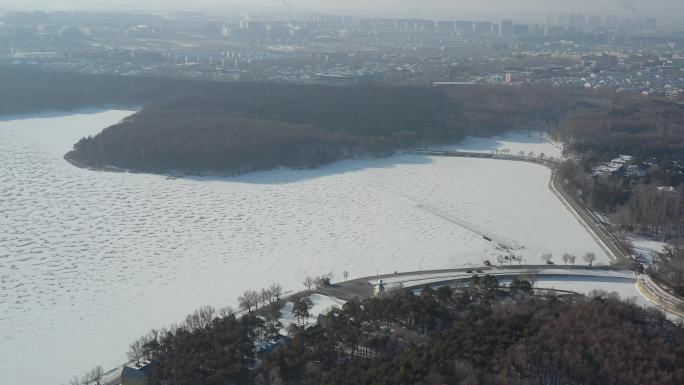 4K原素材-航拍雪后净月潭、溢水湾