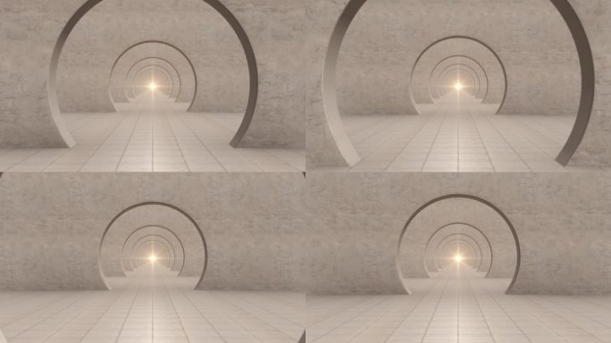 在一个无限白色的圆形拱门现代隧道中循环向前移动。3D动画。混凝土拱门的走廊尽头有明亮的灯光，无尽的隧