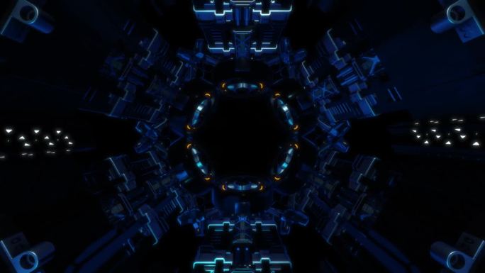 科幻背景小说室内房间科幻飞船走廊蓝色，3D渲染。时髦的赛博朋克VJ循环，明亮的霓虹灯图案外太空奇妙的