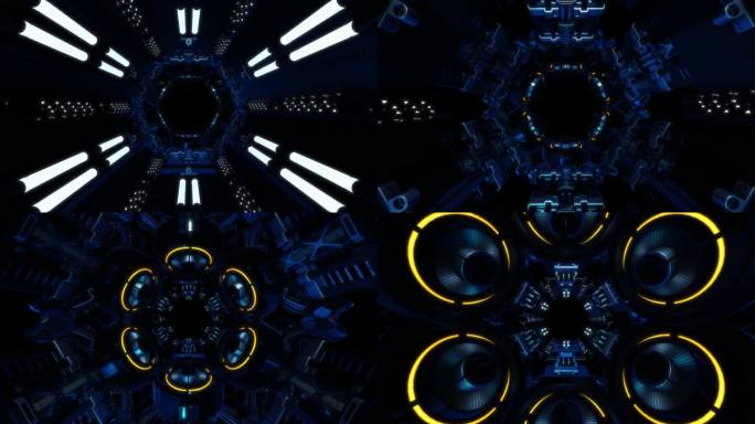 科幻背景小说室内房间科幻飞船走廊蓝色，3D渲染。时髦的赛博朋克VJ循环，明亮的霓虹灯图案外太空奇妙的