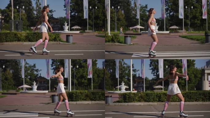 在一个阳光明媚的日子里，一位戴着眼镜的美丽女子在城市公园的户外背景下穿着溜冰鞋优雅地移动。缓慢的运动