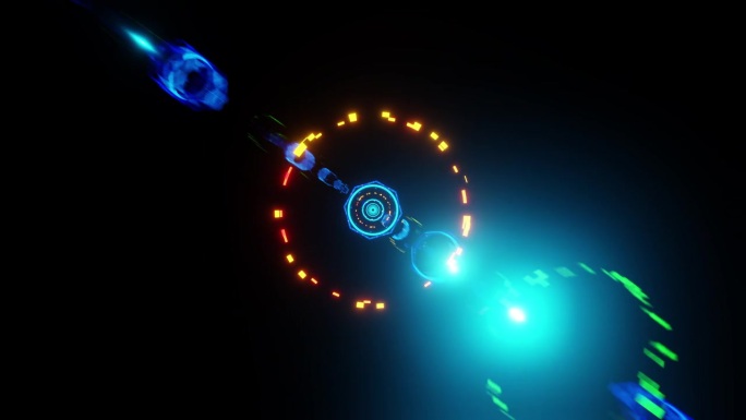 运动与光速在空间与蓝色和黄色的镜头耀斑vj循环3d渲染。设计元素为夜总会，迪斯科舞厅，舞蹈，音乐节，