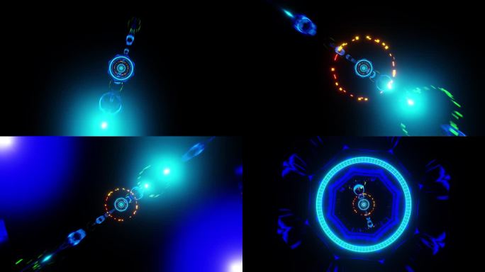 运动与光速在空间与蓝色和黄色的镜头耀斑vj循环3d渲染。设计元素为夜总会，迪斯科舞厅，舞蹈，音乐节，