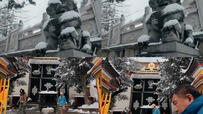云南景点香格里拉冬季雪景石狮藏式寺庙