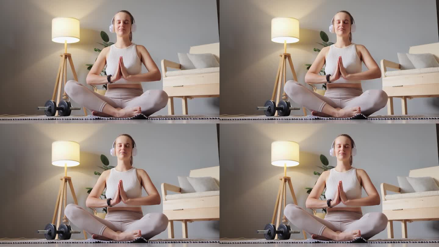 放松和健康的音乐。在辛苦的一周后，戴着耳机的女人在家地板上听教程冥想做瑜伽，让手掌保持祈祷的姿势放松