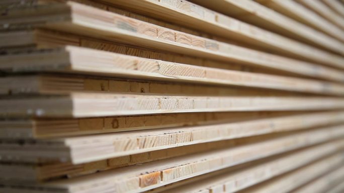 工厂主要生产硬木地板和强化地板。带拼花板的输送机。成品强化地板仓库。
