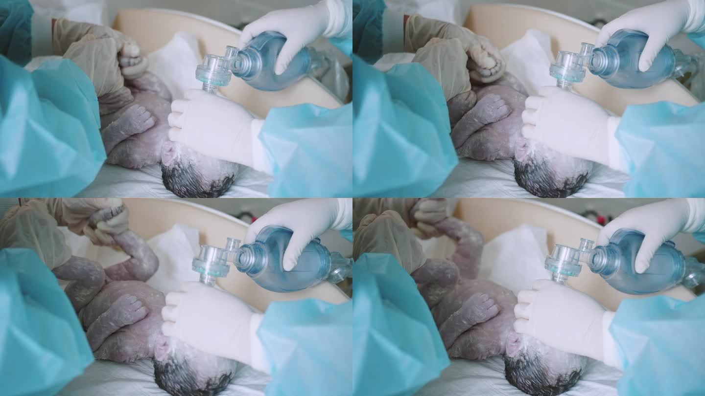 新生儿出生的第一刻，产妇医院里妈妈抱着婴儿的特写镜头。新生儿幼年2分钟，医院产房。新生儿重症监护病房