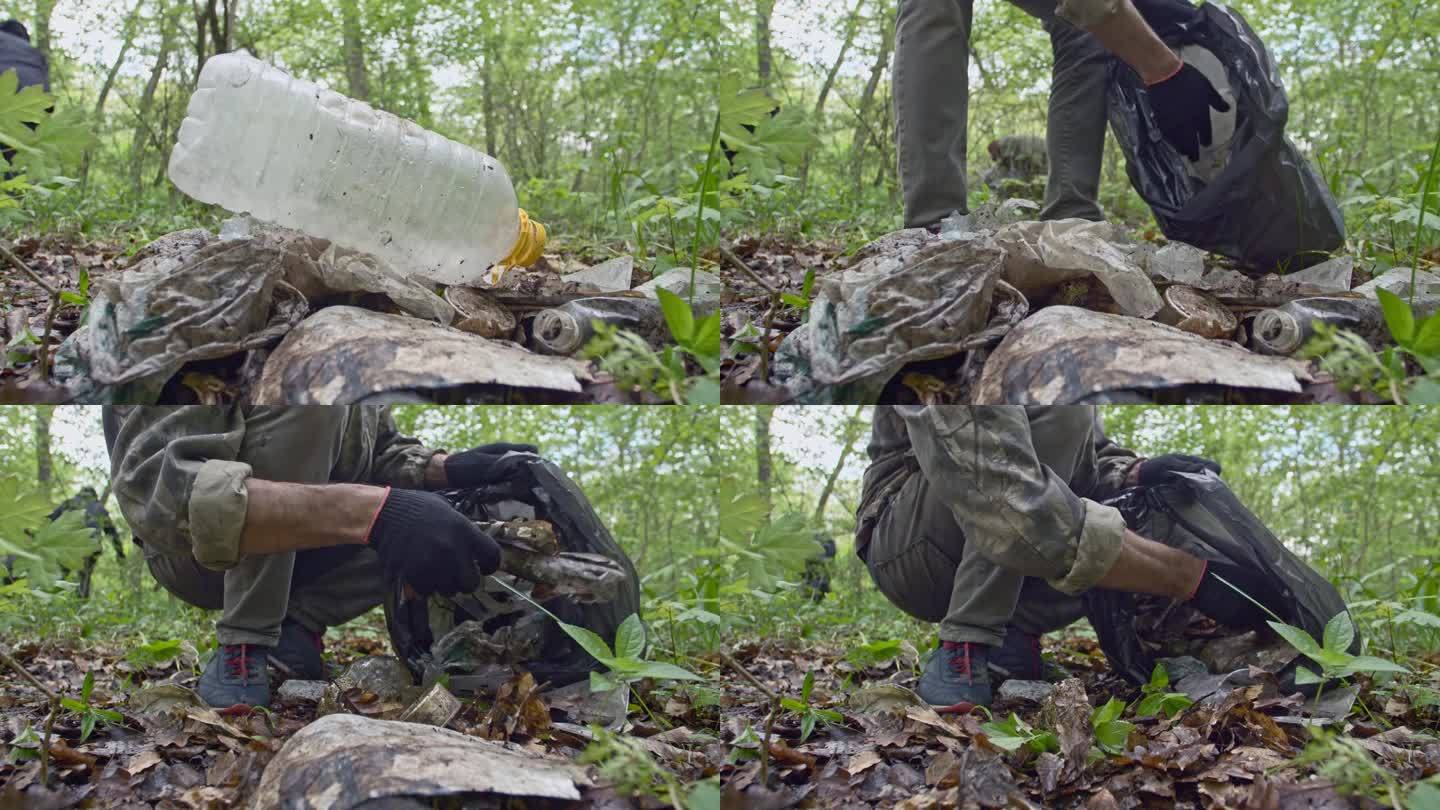 志愿者们把生活垃圾在春光明媚的森林里装进垃圾袋。手和垃圾特写。过度消费导致的自然污染。多余的塑料
