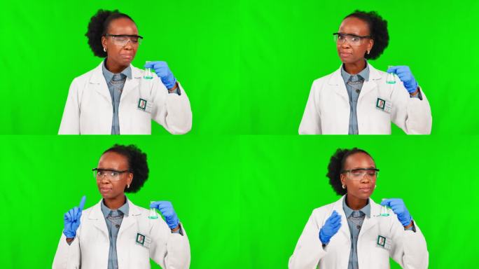 化学，绿幕和女科学家在一个工作室闻玻璃烧杯里的液体。赞赞，科学实验和非洲女化学家的肖像，没有色度键背