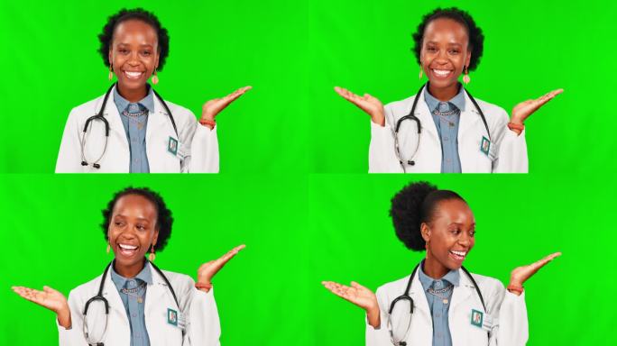 女医生在交易、公告或广告绿屏上的选择、决定和面孔。医疗，医药和保健与黑人妇女的肖像在工作室背景提供模