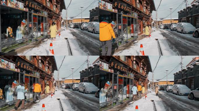 云南景点香格里拉冬季藏区游客街道雪景