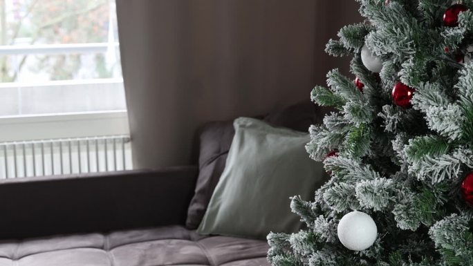 灰色沙发前的圣诞树，客厅细节特写
