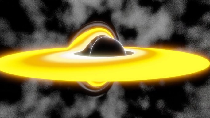绘制三维动画黑洞效果，被吸积盘包围，吞噬其路径上的光、恒星、能量和星尘，产生涡状畸变，模拟时空弧线的