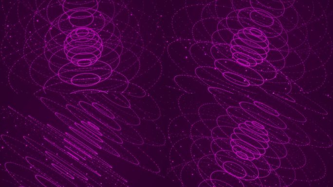 4K抽象旋转科幻球体与霓虹线运动背景。发光的彩色发光粒子在外层空间移动。