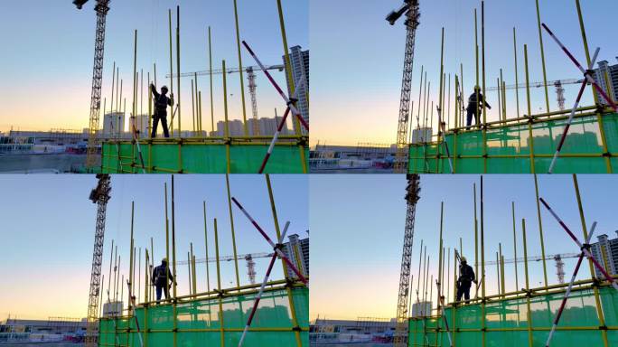 清晨工地工人施工