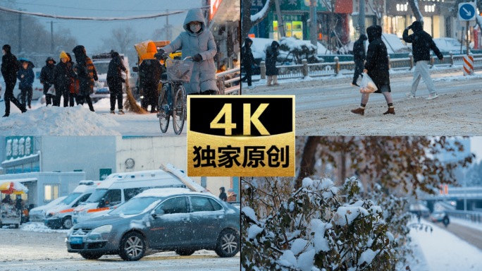 下雪的城市街道人群