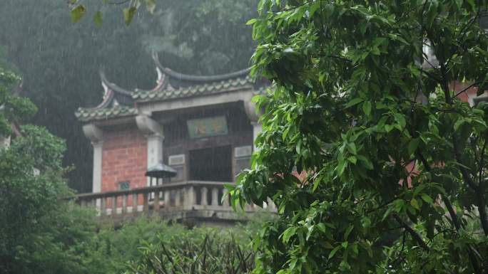 晋江下雨中草庵树林里的雨中寺庙