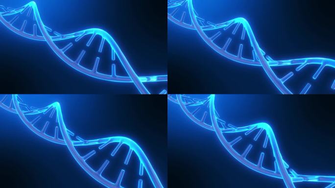 DNA脱氧核糖核酸三维渲染螺旋。深蓝背景遗传建模技术概念。