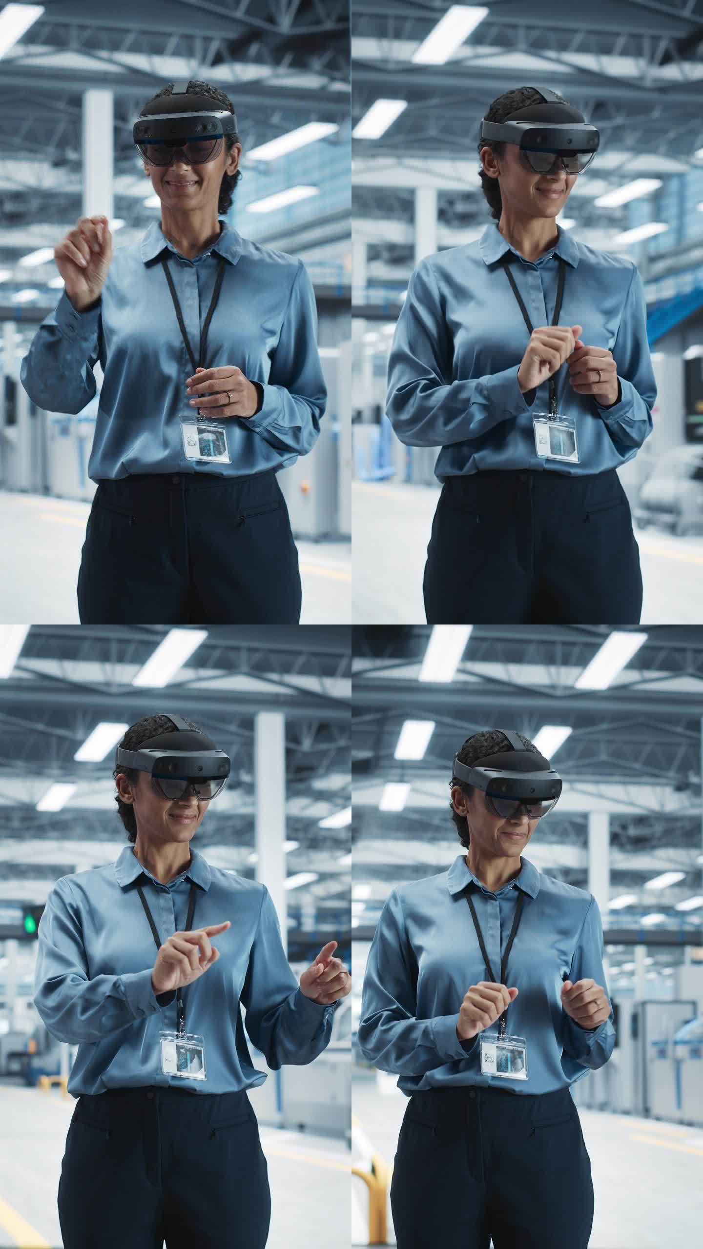 垂直屏幕:西班牙裔女工程师戴着增强现实耳机，在一家电子厂控制自动生产。妇女用手势配置装配线。