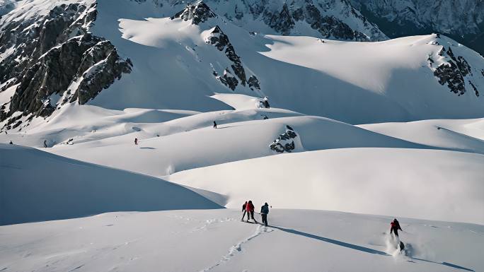 登山队登高穿越雪山