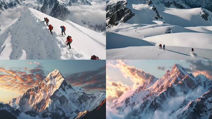 登山队登高穿越雪山